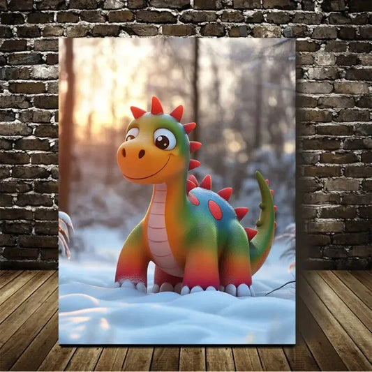 Colorful Cartoon Dinosaur On The Snow Painting 40x60cm Metal Print Ready to Hang - Bella Home Decor
