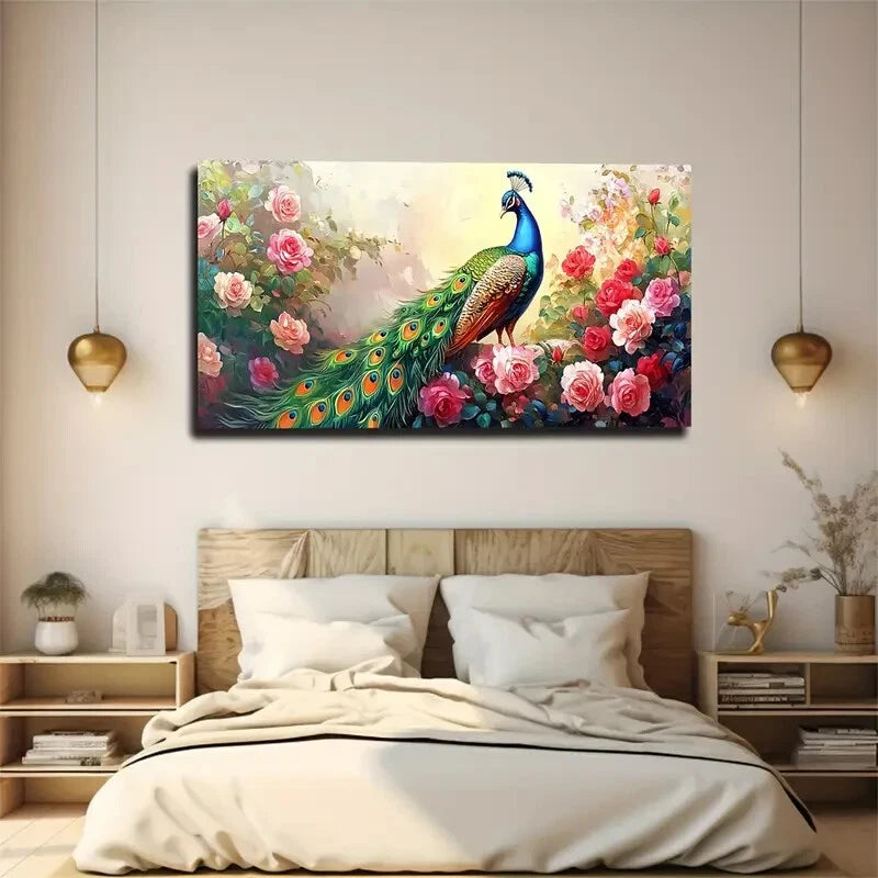 Peacock in Blooming Roses Wall Art Canvas Office Home Room Framed 120x60cm - Bella Home Decor