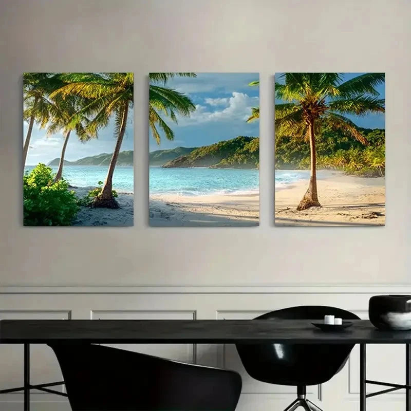 3pcs Tropical Paradise Beach with Palm Trees Metal Print Ready to Hang Art