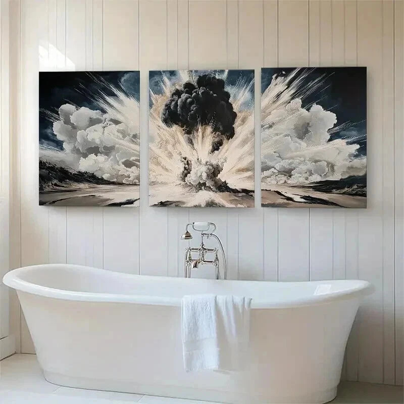 3pcs Dramatic Smoke Blast Black & White Perfect Wall Art Set Canvas Framed 50x70cm - High Quality Print 100% Australian Made Wall Canvas Ready to Hang