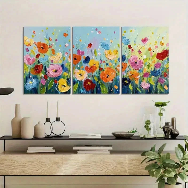 3pcs Colorful Flowers Painted with Simple Brushes Metal Print Ready to Hang Art - Bella Home Decor