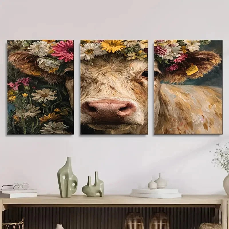 3pcs Cow painting, flower Wall Art Set Canvas Framed 50x70cm - High Quality Print 100% Australian Made Wall Canvas Ready to Hang - Bella Home Decor