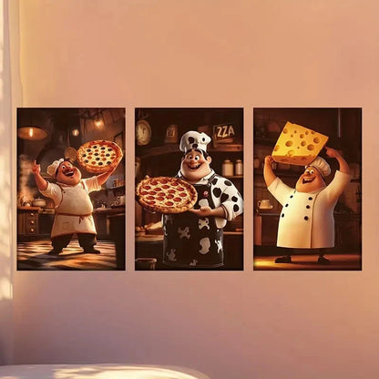 3pcs Happy Fat Chef with Cheese And Pizza Wall Art Set Canvas Framed 50x70cm - High Quality Print 100% Australian Made Wall Canvas Ready to Hang