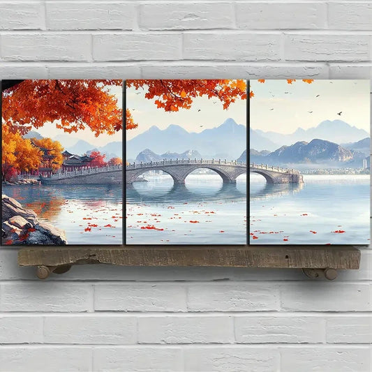 3pcs The Stone Bridge Lake Modern Nature Metal Print Ready to Hang Art