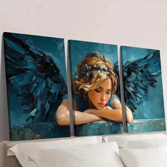 3pcs Beauty Girl in Blue & White FT Wall Art Set Canvas Framed 40x60cm - High Quality Print 100% Australian Made Wall Canvas Ready to Hang