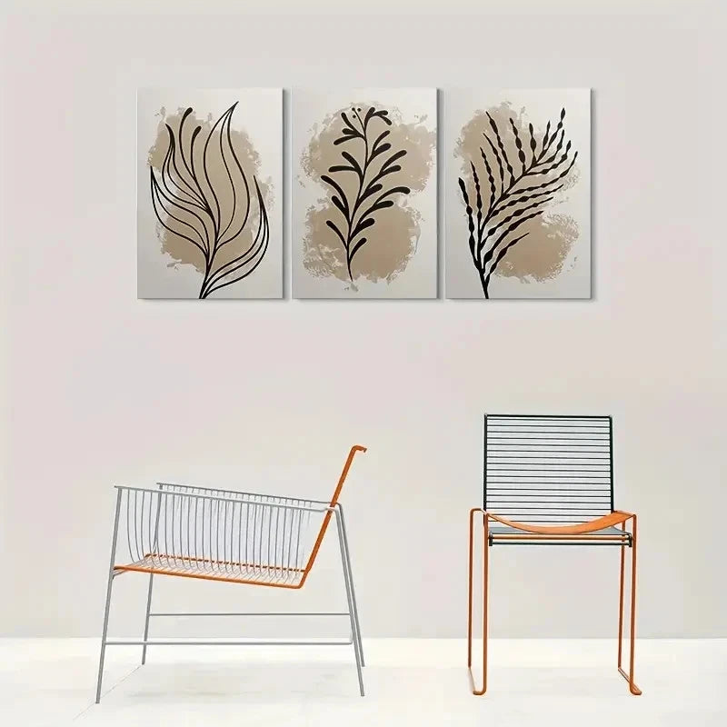 3pcs Black Leaf Silhouettes on Beige Metal Print Ready to Hang Art - Bella Home Decor