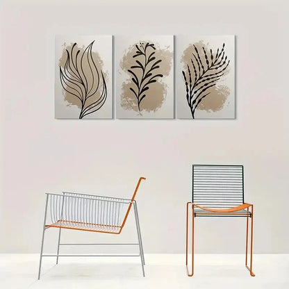3pcs Black Leaf Silhouettes on Beige Metal Print Ready to Hang Art - Bella Home Decor