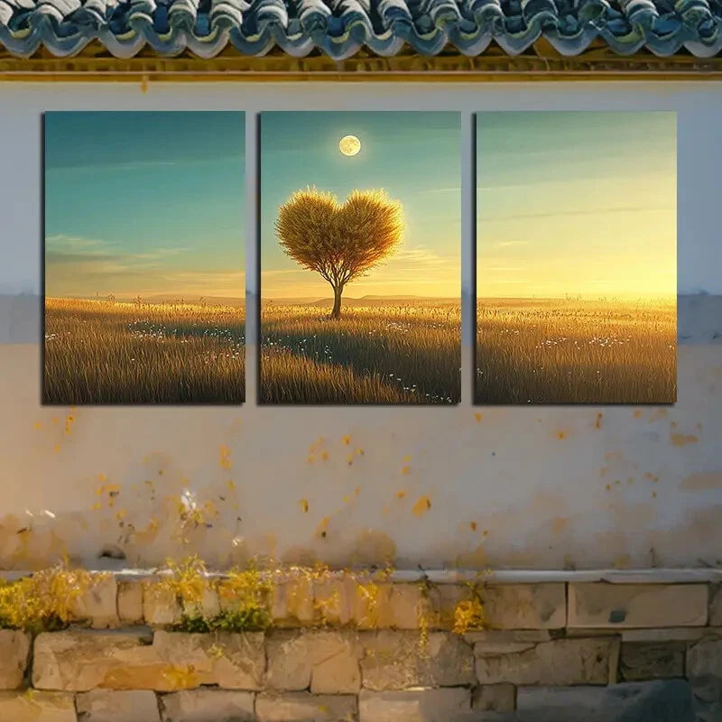 3pcs Heart Shaped Tree on the Grassland Design Metal Print Ready to Hang Art