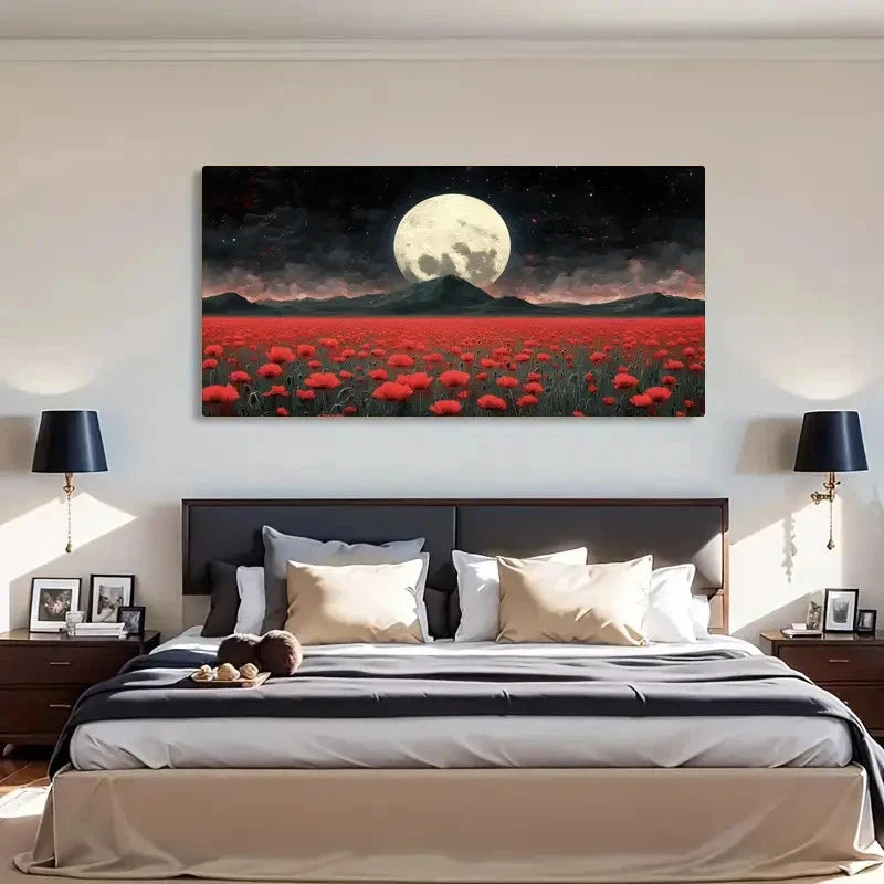 Moonlit Red Flower Vintage Wall Art Canvas Office Home Room Framed 120x60cm