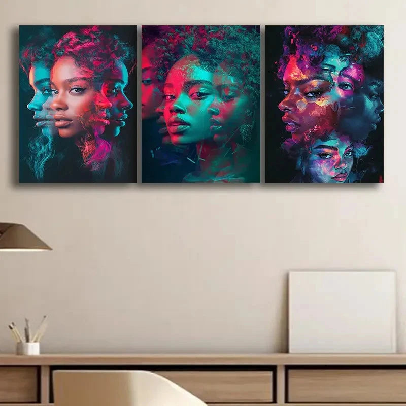 3pcs Vibrant Faces Abstract Wall Art Set Canvas Framed 50x70cm - High Quality Print 100% Australian Made Wall Canvas Ready to Hang