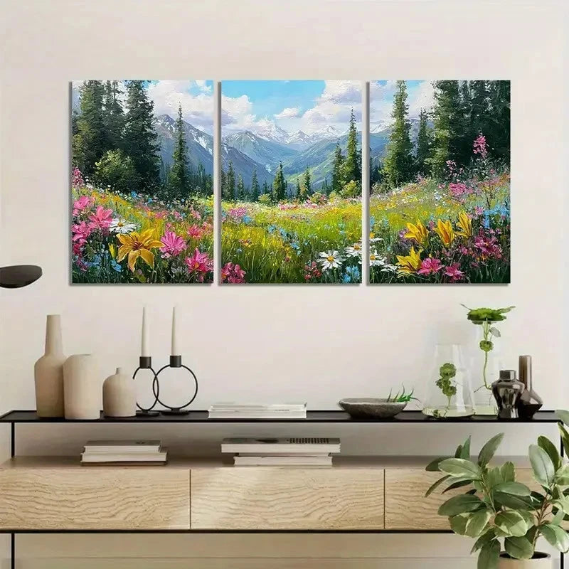 3pcs Vibrant Wildflower Landscape with Mountains Metal Print Ready to Hang Art