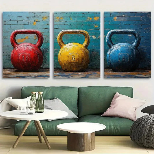 3pcs Colorful Kettlebells Vibrant Fitness Design Metal Print Ready to Hang Art