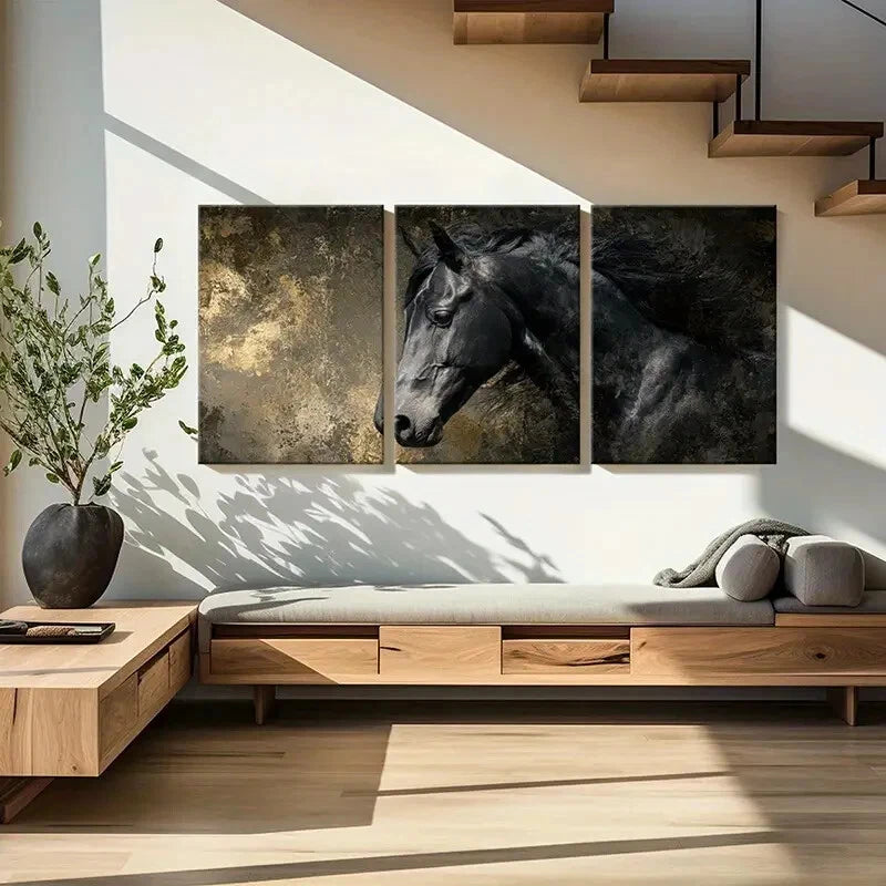 3pcs Black Horse Art Abstract Painting Poster Metal Print Ready to Hang Art - Bella Home Decor