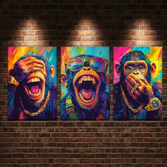 3pcs Featuring Three Monkeys with Open Mouths Wall Art Set Canvas Framed 50x70cm - High Quality Print 100% Australian Made Wall Canvas Ready to Hang
