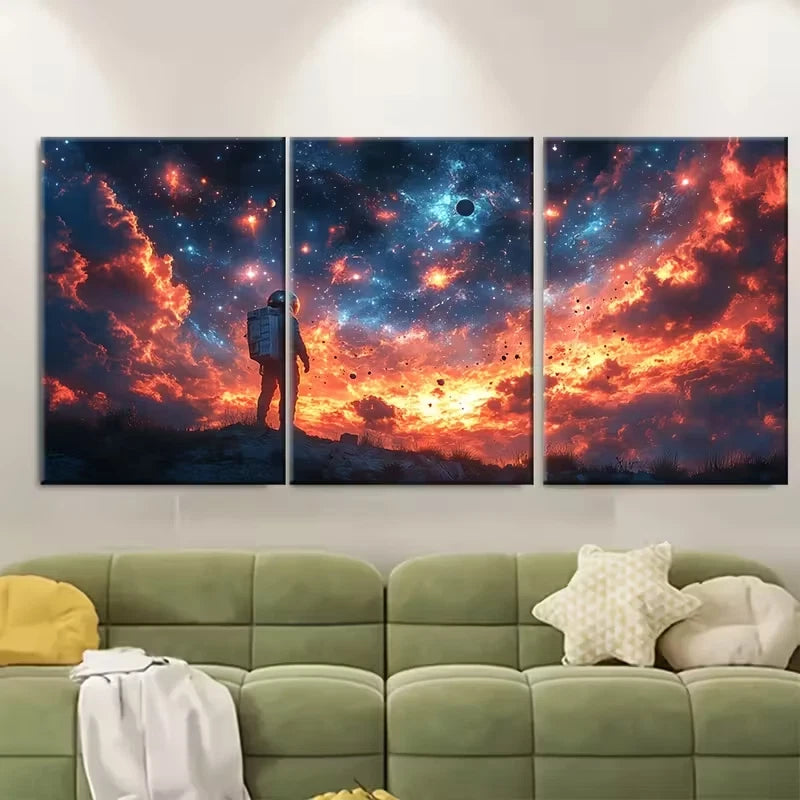 3pcs Cosmic Astronaut with Fallen Stars and Planet Metal Print Ready to Hang Art - Bella Home Decor