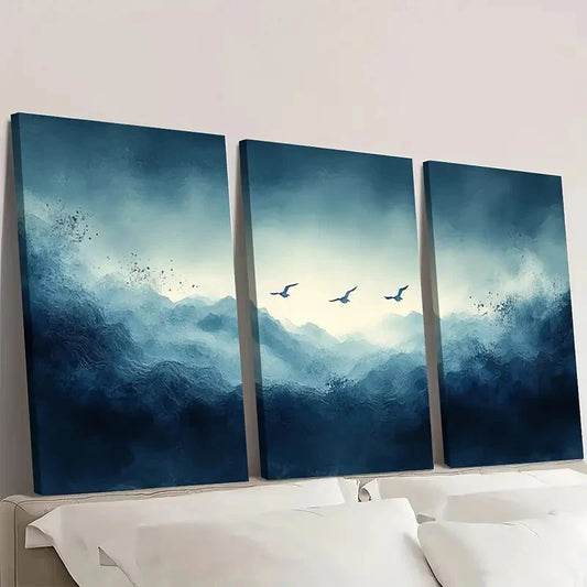 3pcs Blue Smoke Wave & Birds Abstract FG Wall Art Set Canvas Framed 40x60cm - High Quality Print 100% Australian Made Wall Canvas Ready to Hang