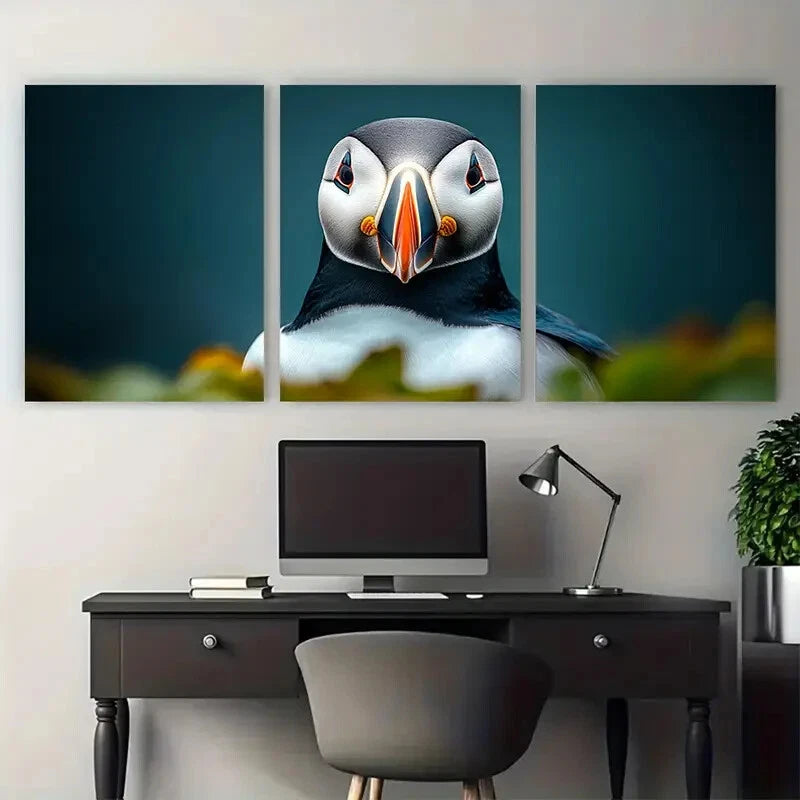 3pcs Cheerful Puffin Portrait Coastal Bird Metal Print Ready to Hang Art - Bella Home Decor