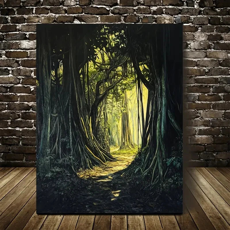 Lush Banyan Forest with Sunlit Painting 40x60cm Metal Print Ready to Hang - Bella Home Decor