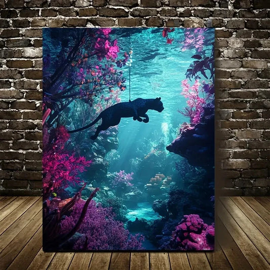 Vibrant Neon Glow of a Panther Swinging Painting 40x60cm Metal Print Ready to Hang - Bella Home Decor