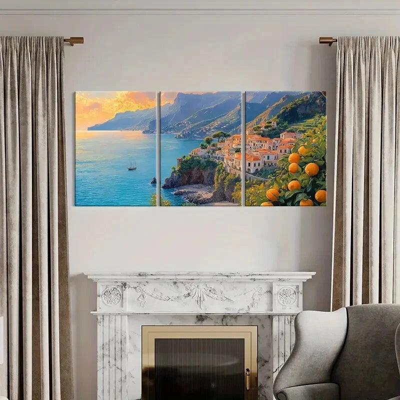 3pcs Amalfi Coast Landscape Mediterranean Village Metal Print Ready to Hang Art - Bella Home Decor