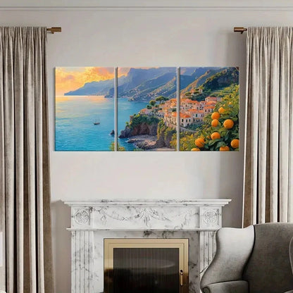 3pcs Amalfi Coast Landscape Mediterranean Village Metal Print Ready to Hang Art - Bella Home Decor