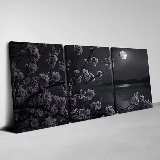 3pcs Floral Bliss by the Lake & Moon View Wall Art Set Canvas Framed 50x70cm - High Quality Print 100% Australian Made Wall Canvas Ready to Hang