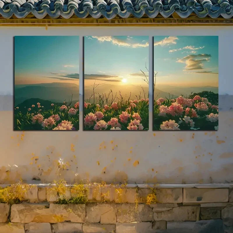 3pcs Blooming Flowers Landscape Sunset Metal Print Ready to Hang Art - Bella Home Decor