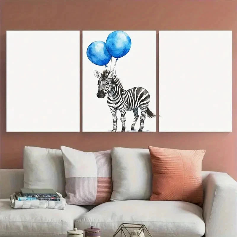 3pcs Whimsical Zebra with Blue Balloon Watercolor Metal Print Ready to Hang Art