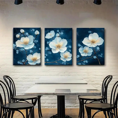 3pcs Stylish White Blossoms on Deep Blue Perfect Wall Art Set Canvas Framed 60x90cm - High Quality Print 100% Australian Made Wall Canvas Ready to Hang