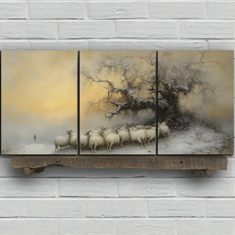 3pcs Sheep in the Snow Capped Metal Print Ready to Hang Art - Bella Home Decor