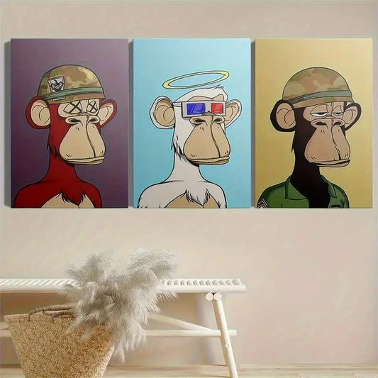 3pcs Cartoon Monkey Bored Ape Dopamine Metal Print Ready to Hang Art