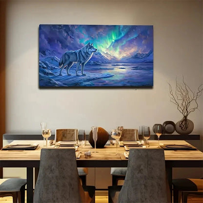 Arctic Wolf & Northern Lights Wall Art Canvas Office Home Room Framed 120x60cm