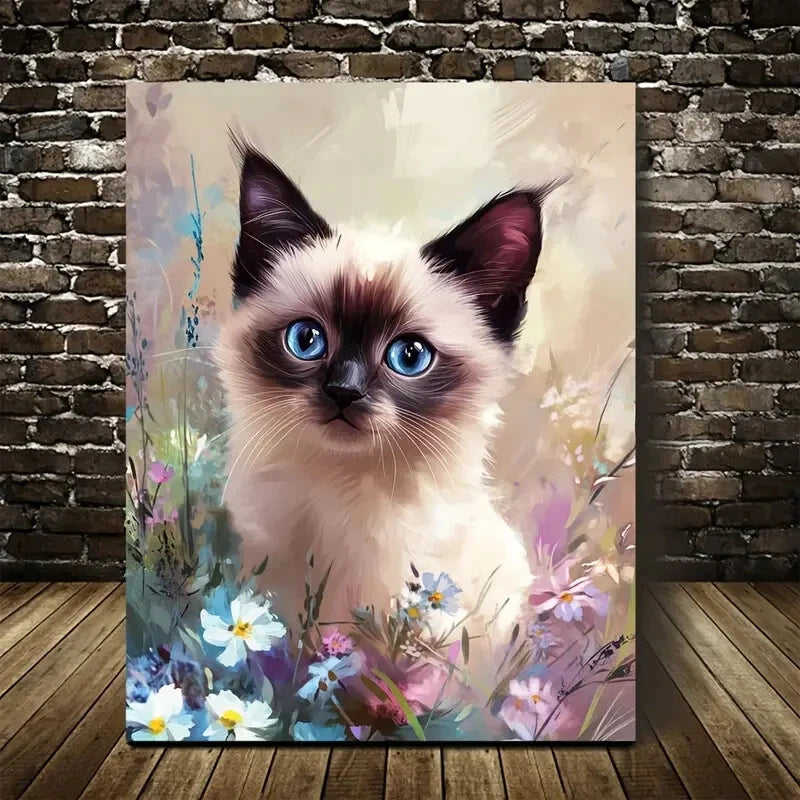 Cute Siamese Kitten with Flowers and Plants Painting 40x60cm Metal Print Ready to Hang - Bella Home Decor