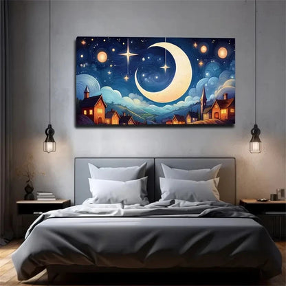 Curved Moon Secluded Village Wall Art Canvas Office Home Room Framed 120x60cm