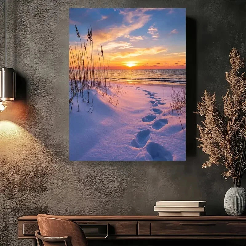 Beautiful Beach Sunset Footprints In Snow Painting 40x60cm Metal Print Ready to Hang - Bella Home Decor