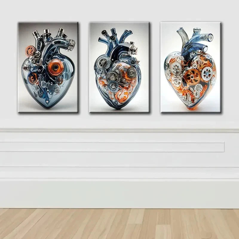 3pcs Mechanical Heart Art Wall Art Set Canvas Framed 40x60cm - High Quality Print 100% Australian Made Wall Canvas Ready to Hang