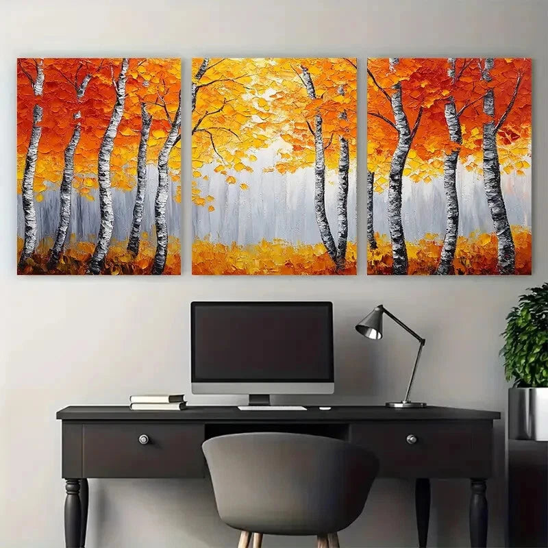 3pcs Vibrant Autumn Birch Trees Orange and Yellow Metal Print Ready to Hang Art - Bella Home Decor
