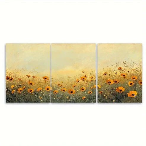 3pcs Field of Golden Vintage Wildflower Field Wall Art Canvas Unframed - High Quality Print 100% Australian Made Wall Canvas