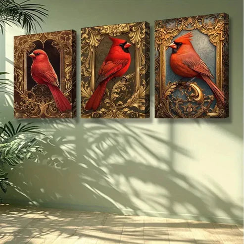 3pcs Red Bird Art Painting Wall Art Set Canvas Unframed - High Quality Print 100% Australian Made Wall Canvas