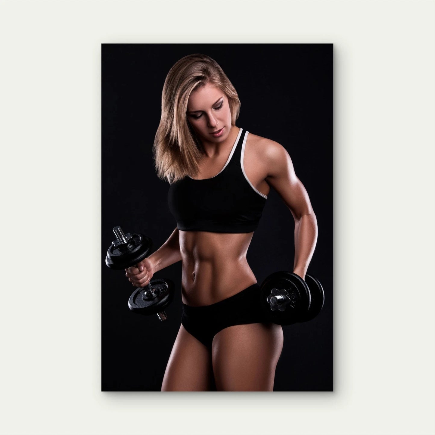 Strong Fitness Woman Dumbbells 5mm thick Plastic Poster Ready to Hang 90x60cm