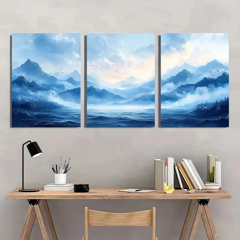 3pcs Abstract Landscape Blue Smoke Wave & Birds Metal Print Ready to Hang Art