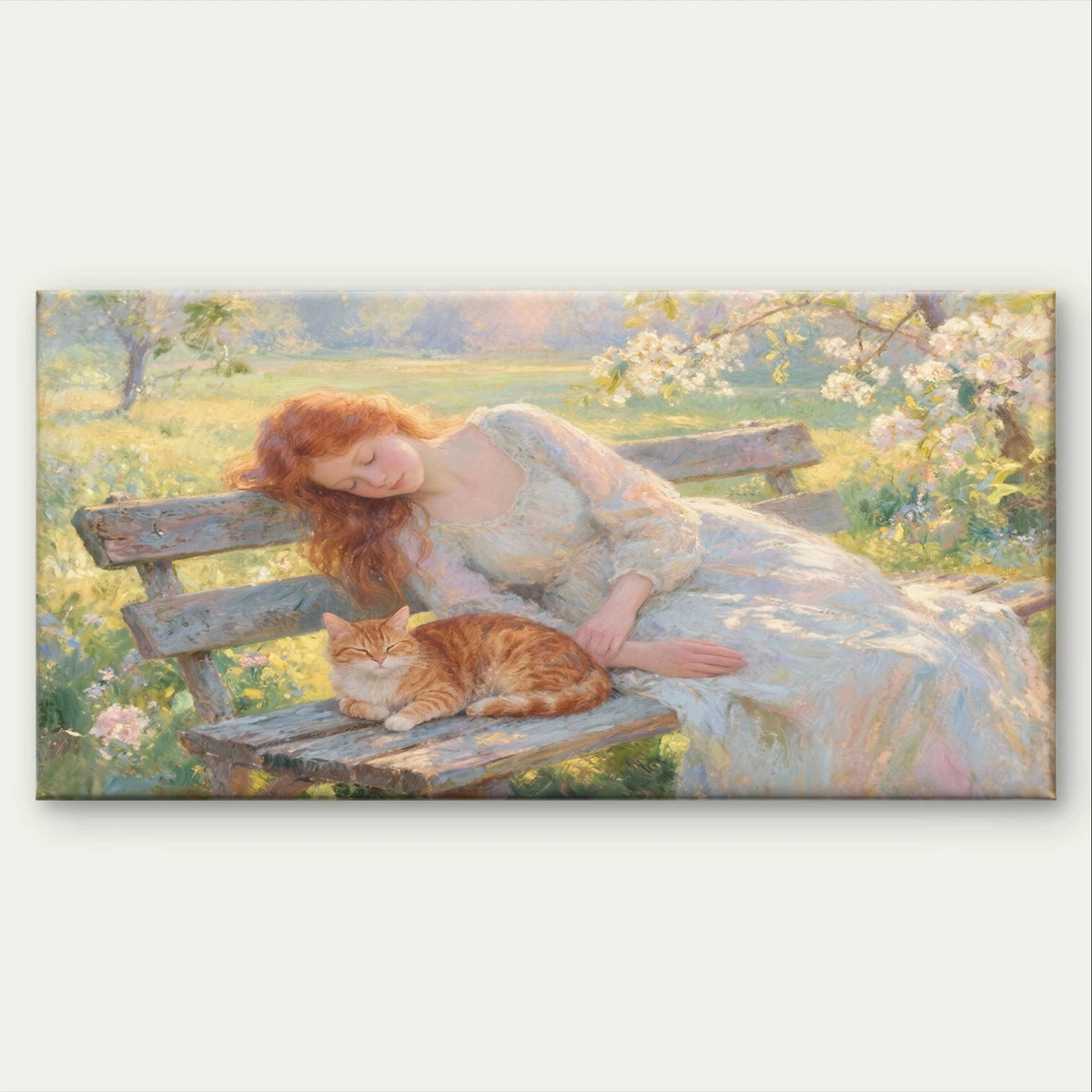 Woman and Cat Sleeping on Bench Wall Art Canvas Office Home Framed 120x60cm