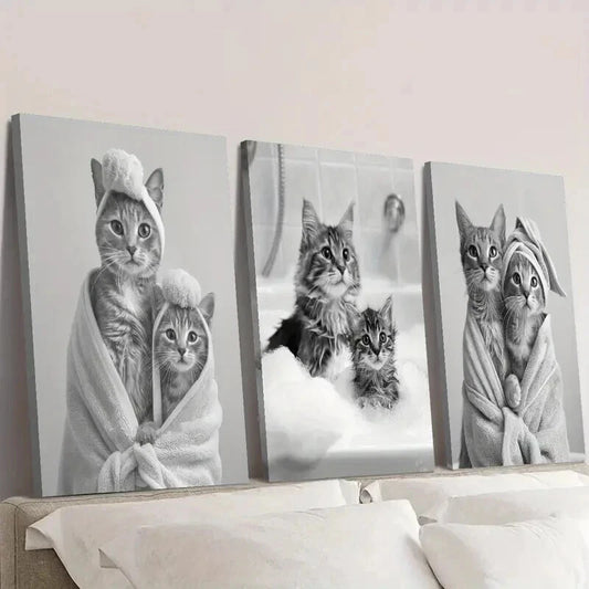 3pcs Adorable Black and White Cat Wall Art Set Canvas Framed 50x70cm - High Quality Print 100% Australian Made Wall Canvas Ready to Hang