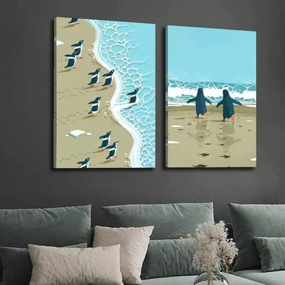 2pcs Penguins on the Beach, Minimalist Surreal Illustration Canvas Framed 50x75cm - High Quality Print 100% Australian Made Wall Canvas Ready to Hang - Bella Home Decor