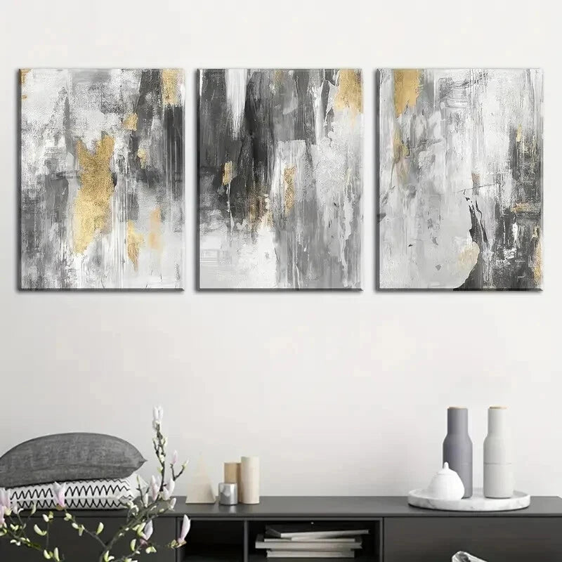 3pcs Golden And Grey Abstract Murals Perfect Wall Art Set Canvas Framed 50x70cm - High Quality Print 100% Australian Made Wall Canvas Ready to Hang - Bella Home Decor