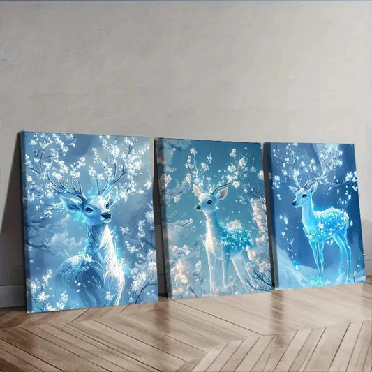 3pcs A deer with ice-blue Wall Art Set Canvas Framed 40x60cm - High Quality Print 100% Australian Made Wall Canvas Ready to Hang