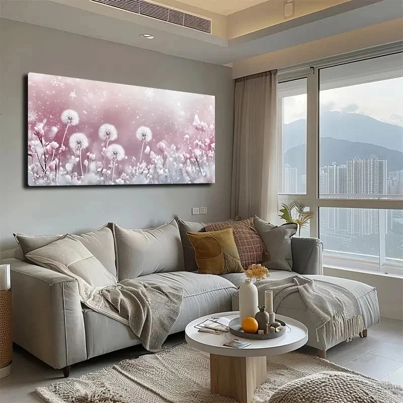Pink & White Dandelions Wall Art canvas office home room framed 120x60cm - Bella Home Decor