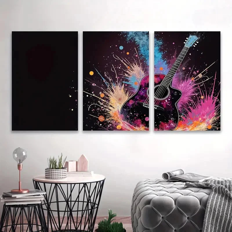 3pcs Vibrant Guitar Paint Splatter Wall Art Set Canvas Framed 40x60cm - High Quality Print 100% Australian Made Wall Canvas Ready to Hang
