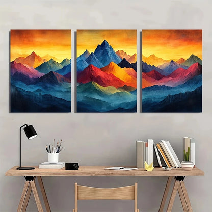3pcs Mountain Painting Abstract Colourful Metal Print Ready to Hang Art - Bella Home Decor