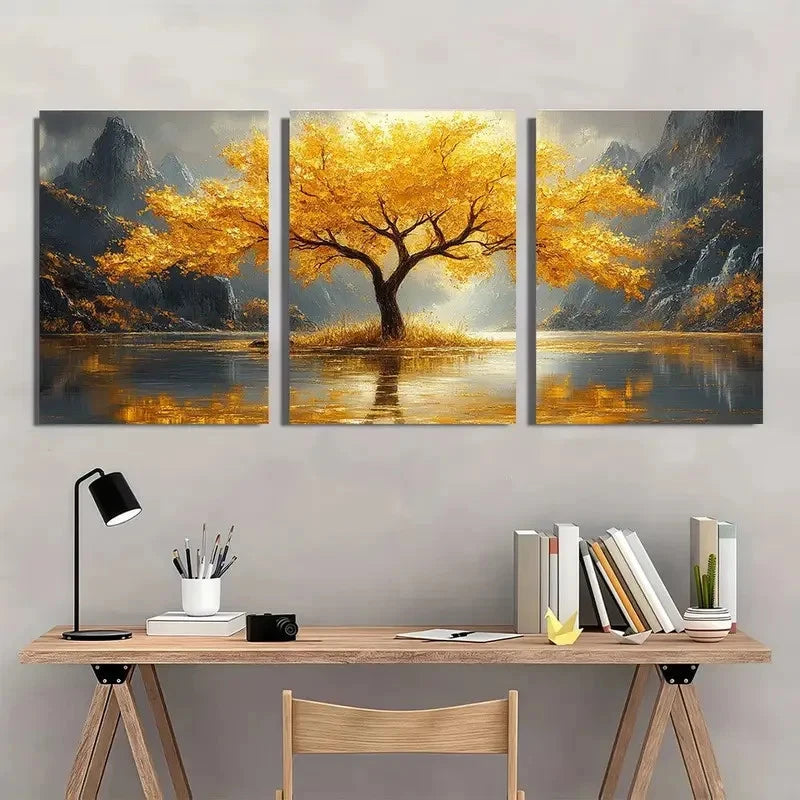 3pcs Golden Tree Water Reflection Painting Wall Art Set Canvas Framed 40x60cm - High Quality Print 100% Australian Made Wall Canvas Ready to Hang - Bella Home Decor